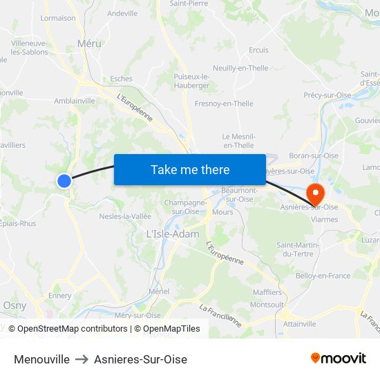 Menouville to Asnieres-Sur-Oise map