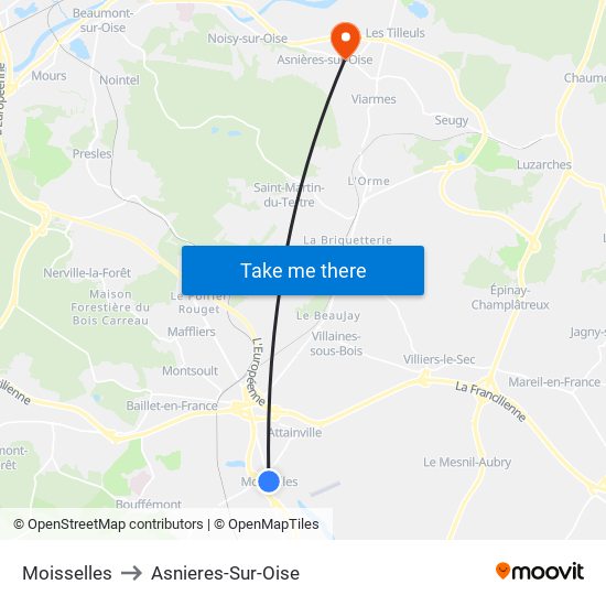 Moisselles to Asnieres-Sur-Oise map