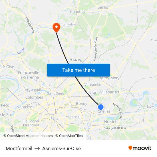 Montfermeil to Asnieres-Sur-Oise map