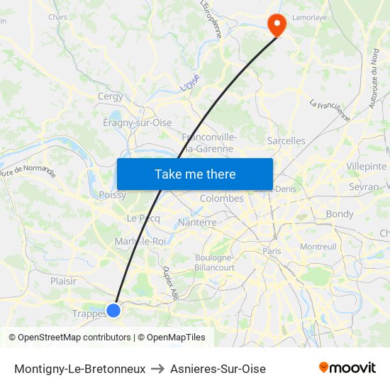 Montigny-Le-Bretonneux to Asnieres-Sur-Oise map