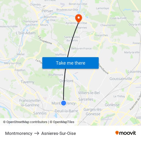 Montmorency to Asnieres-Sur-Oise map