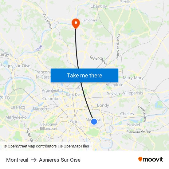 Montreuil to Asnieres-Sur-Oise map