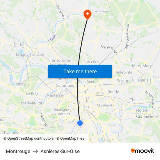 Montrouge to Asnieres-Sur-Oise map