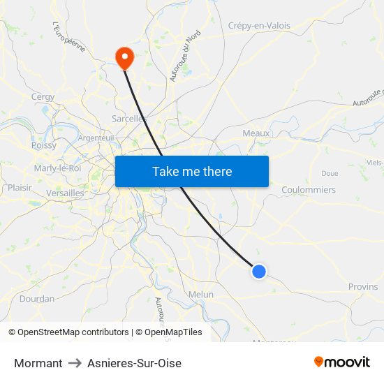 Mormant to Asnieres-Sur-Oise map