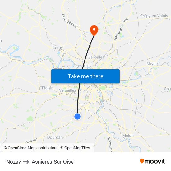 Nozay to Asnieres-Sur-Oise map