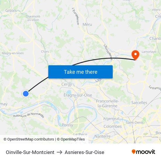 Oinville-Sur-Montcient to Asnieres-Sur-Oise map