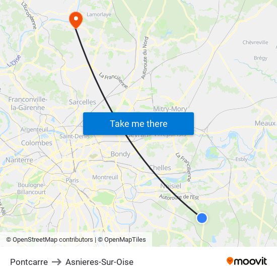 Pontcarre to Asnieres-Sur-Oise map