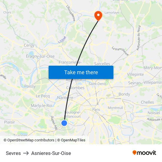 Sevres to Asnieres-Sur-Oise map