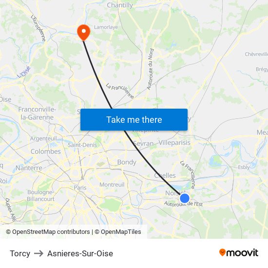 Torcy to Asnieres-Sur-Oise map