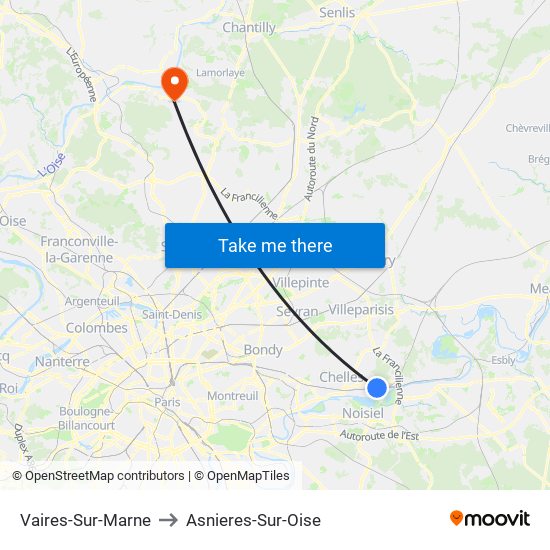 Vaires-Sur-Marne to Asnieres-Sur-Oise map