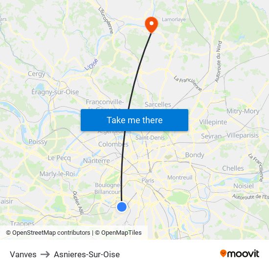 Vanves to Asnieres-Sur-Oise map