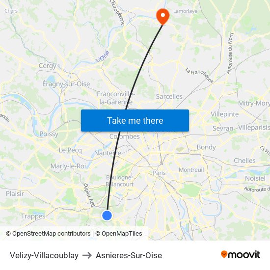 Velizy-Villacoublay to Asnieres-Sur-Oise map