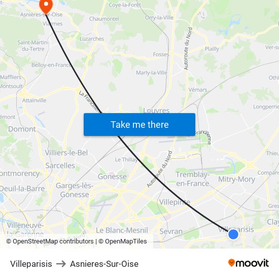 Villeparisis to Asnieres-Sur-Oise map