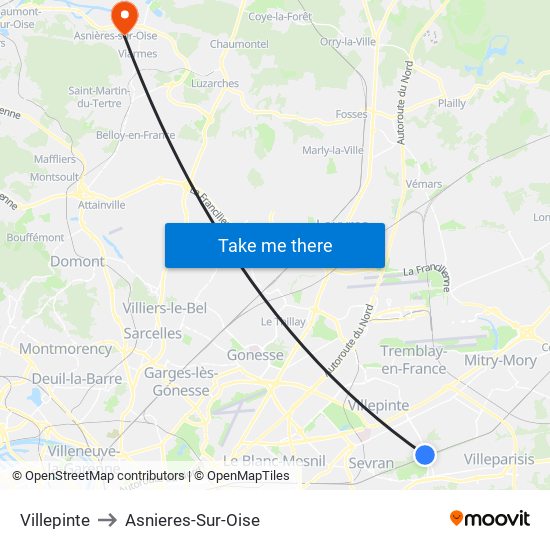 Villepinte to Asnieres-Sur-Oise map