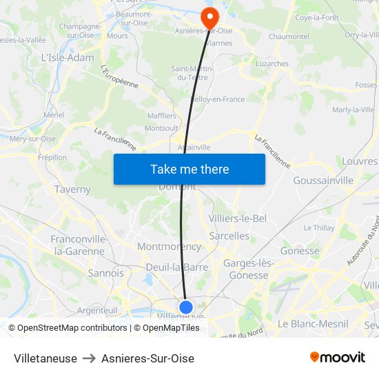 Villetaneuse to Asnieres-Sur-Oise map