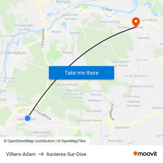 Villiers-Adam to Asnieres-Sur-Oise map