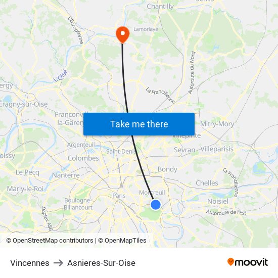 Vincennes to Asnieres-Sur-Oise map