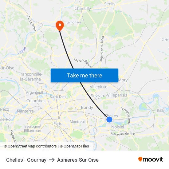 Chelles - Gournay to Asnieres-Sur-Oise map