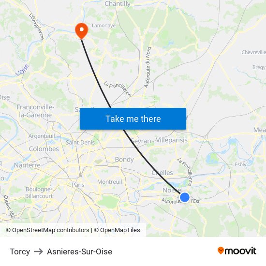 Torcy to Asnieres-Sur-Oise map