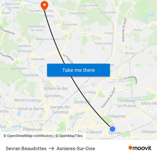 Sevran Beaudottes to Asnieres-Sur-Oise map