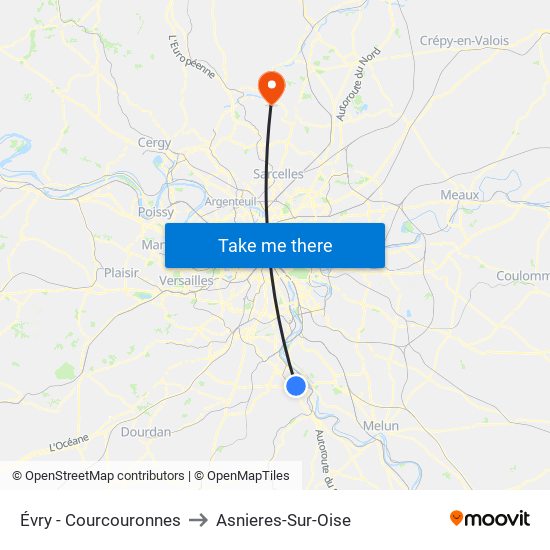 Évry - Courcouronnes to Asnieres-Sur-Oise map