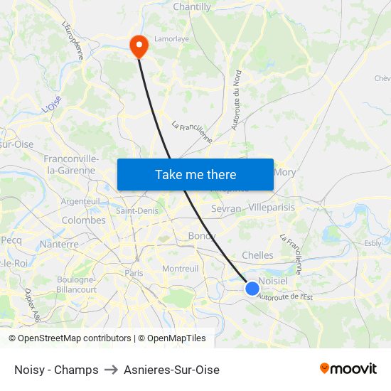 Noisy - Champs to Asnieres-Sur-Oise map