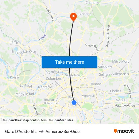 Gare D'Austerlitz to Asnieres-Sur-Oise map