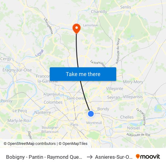 Bobigny - Pantin - Raymond Queneau to Asnieres-Sur-Oise map