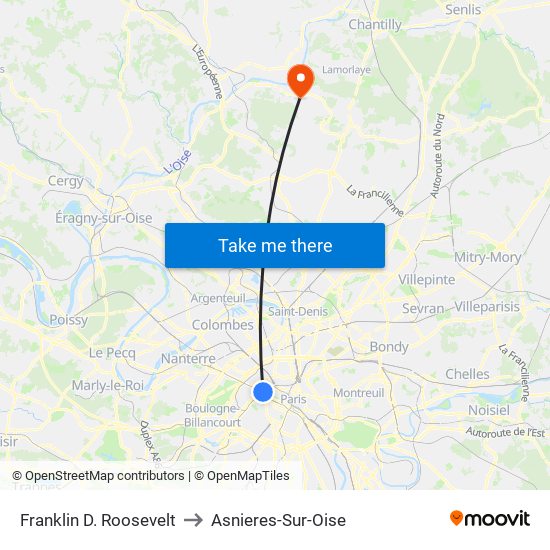 Franklin D. Roosevelt to Asnieres-Sur-Oise map