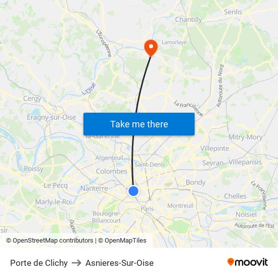 Porte de Clichy to Asnieres-Sur-Oise map