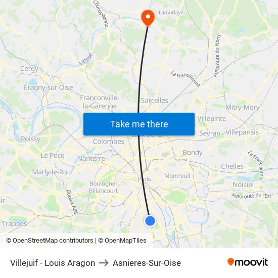 Villejuif - Louis Aragon to Asnieres-Sur-Oise map