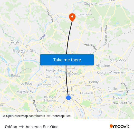 Odéon to Asnieres-Sur-Oise map