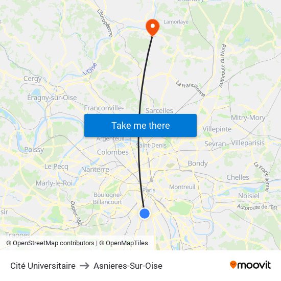 Cité Universitaire to Asnieres-Sur-Oise map