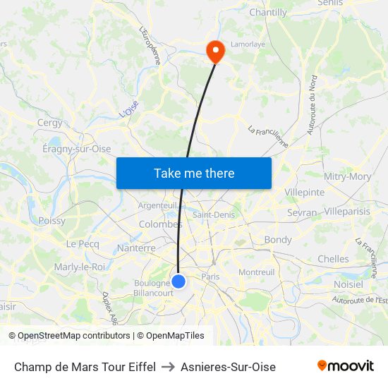 Champ de Mars Tour Eiffel to Asnieres-Sur-Oise map