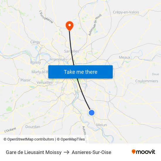 Gare de Lieusaint Moissy to Asnieres-Sur-Oise map