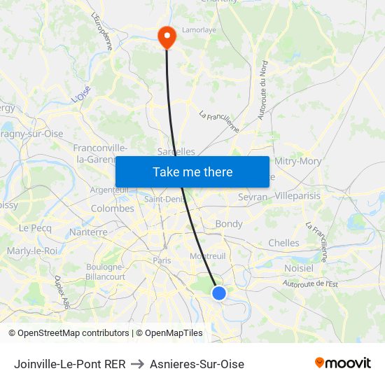 Joinville-Le-Pont RER to Asnieres-Sur-Oise map