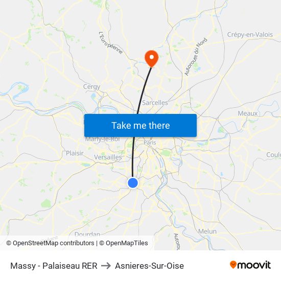 Massy - Palaiseau RER to Asnieres-Sur-Oise map