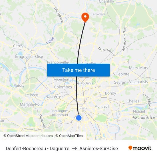 Denfert-Rochereau - Daguerre to Asnieres-Sur-Oise map