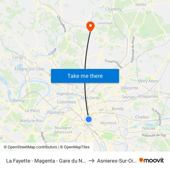 La Fayette - Magenta - Gare du Nord to Asnieres-Sur-Oise map