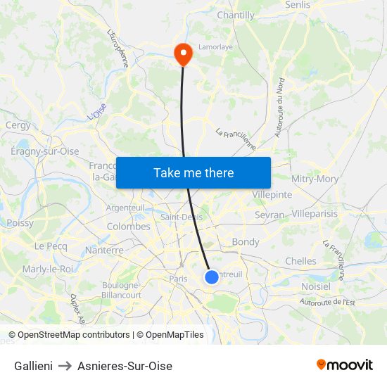 Gallieni to Asnieres-Sur-Oise map