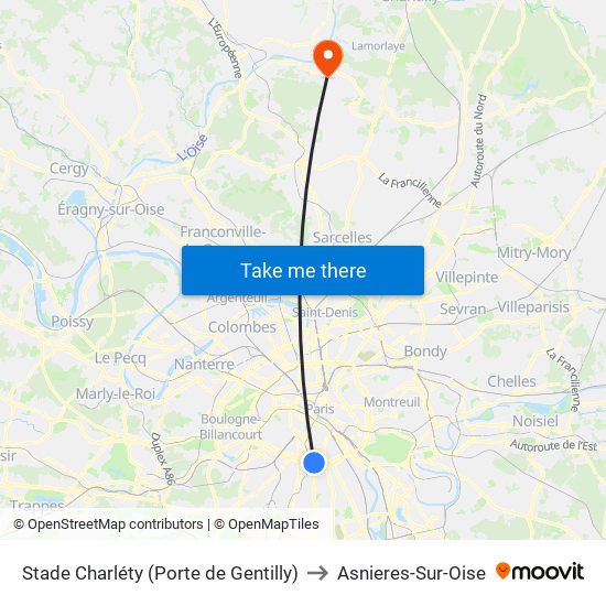 Stade Charléty (Porte de Gentilly) to Asnieres-Sur-Oise map