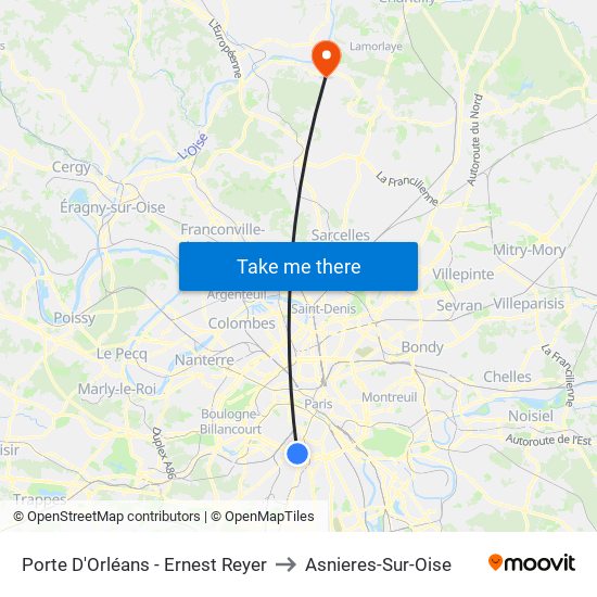 Porte D'Orléans - Ernest Reyer to Asnieres-Sur-Oise map