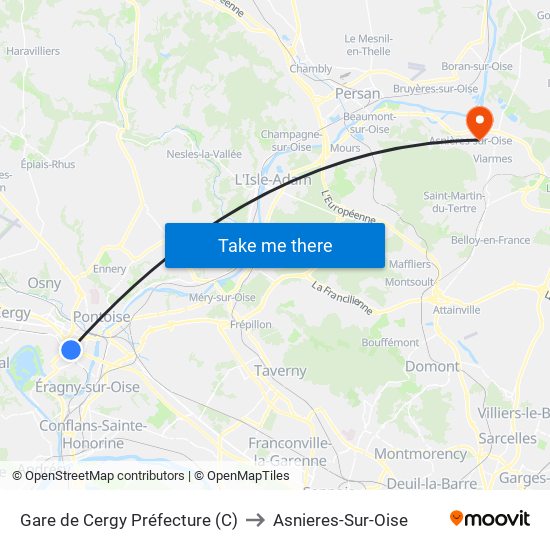 Gare de Cergy Préfecture (C) to Asnieres-Sur-Oise map