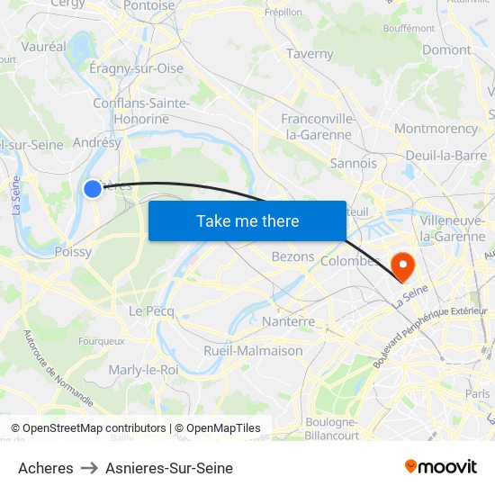 Acheres to Asnieres-Sur-Seine map
