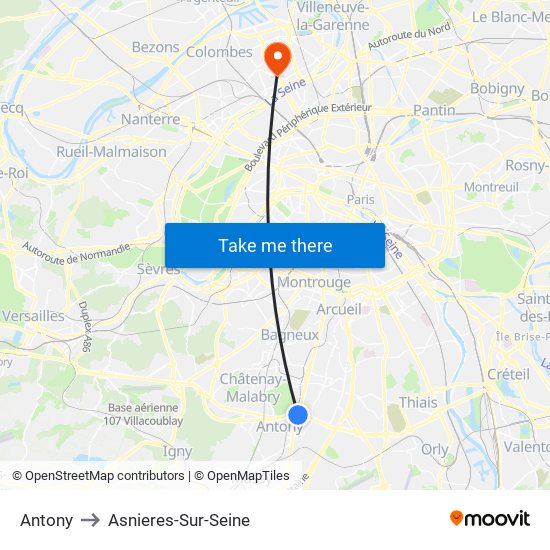 Antony to Asnieres-Sur-Seine map