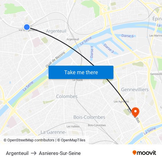 Argenteuil to Asnieres-Sur-Seine map