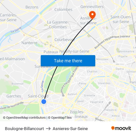 Boulogne-Billancourt to Asnieres-Sur-Seine map