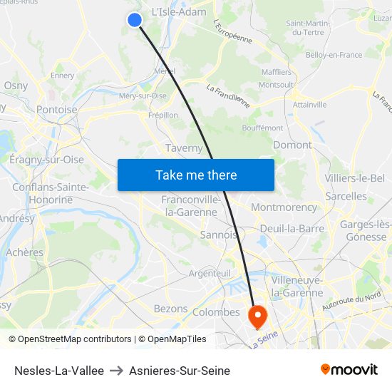 Nesles-La-Vallee to Asnieres-Sur-Seine map