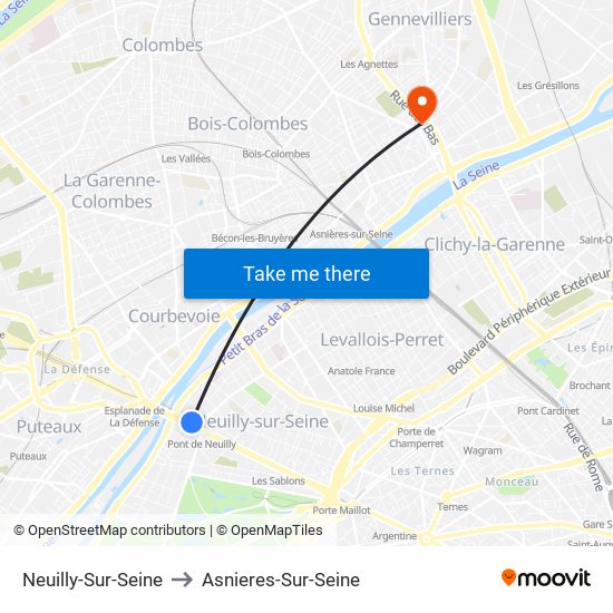 Neuilly-Sur-Seine to Asnieres-Sur-Seine map