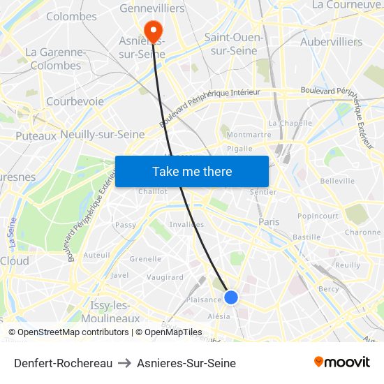 Denfert-Rochereau to Asnieres-Sur-Seine map